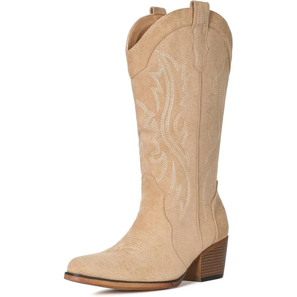 Women's Apricot Western Cowgirl Chunky Heel Mid Calf Snip Toe Insteps Boots